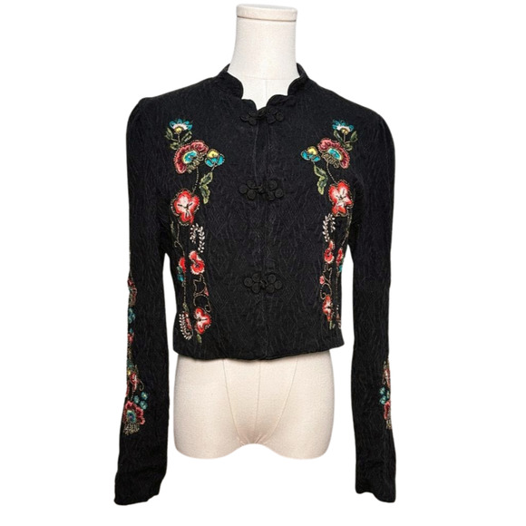 Bershka Black Beaded Embroidered Cropped Cotton Jacket Medium Boho - Picture 1 of 11